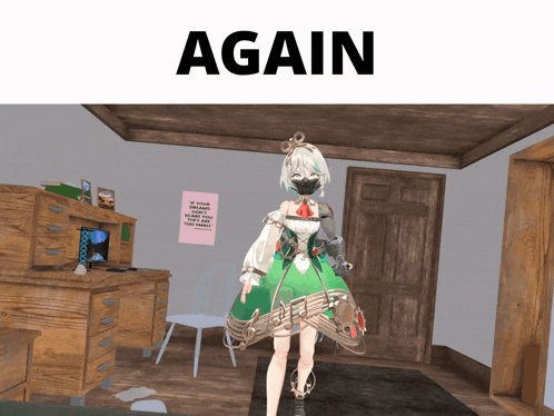 a girl in a green dress is standing in a room with the words again above her