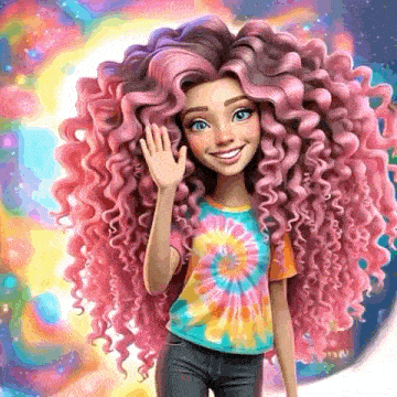 a cartoon girl with long curly pink hair is wearing a tie dye shirt and waving .