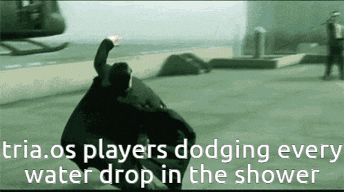 a man is dodging a water drop in the shower while a helicopter is in the background