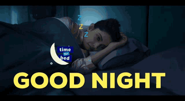 a woman is sleeping in a bed with the words good night