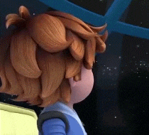 a close up of a cartoon character with red hair and a backpack looking out a window .