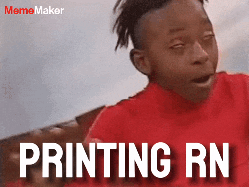 a boy in a red shirt says printing rn in white letters
