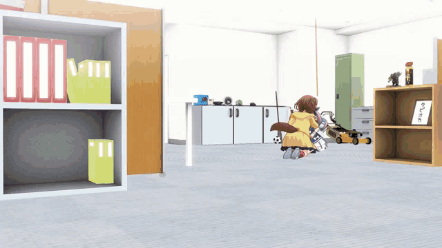 a cartoon drawing of a room with shelves and a sign that says ' a '