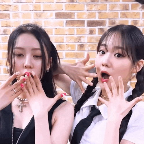 two girls are making funny faces with their hands over their mouths in front of a brick wall