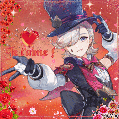 a picture of a girl in a top hat with je t'aime written on the bottom