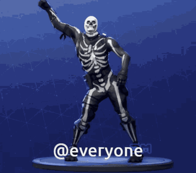 a skeleton is dancing in front of a blue background with the hashtag @everyone