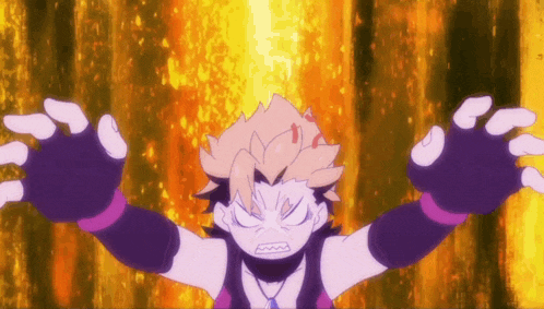 a cartoon character with purple gloves and a purple shirt