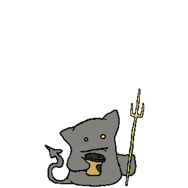 a cartoon drawing of a cat holding a trident and a cup on its head