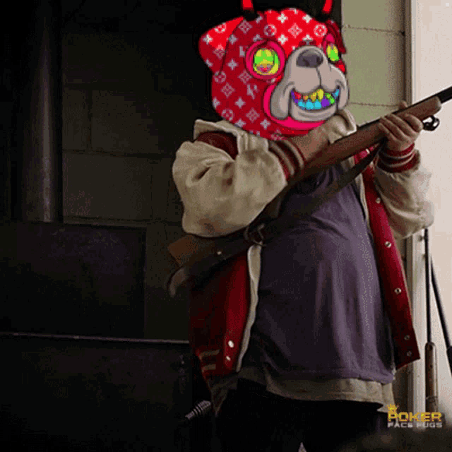 a person with a dog face on holding a gun