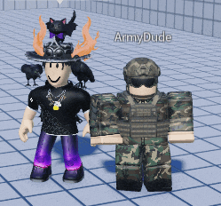 two roblox characters are standing next to each other with army dude written on the bottom