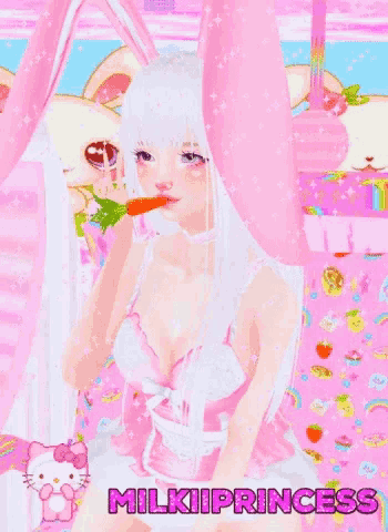 a picture of a girl with a carrot in her mouth and the words milkiprincess