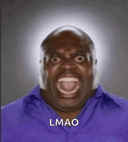 a man in a purple shirt is making a funny face and the word lmao is written below him