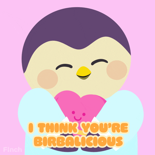a penguin holding a pink heart with the words " i think you 're birbalicious " on the bottom
