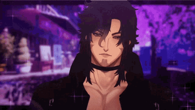 a man with long hair and a choker on his neck