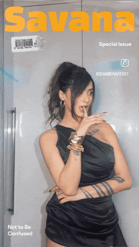 a woman in a black dress is on the cover of a magazine