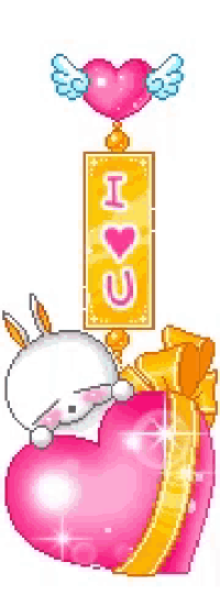 a pixel art of a bunny laying on a heart with a sign that says i love you