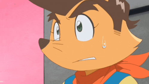 a close up of a cartoon character 's face with a surprised look on his face