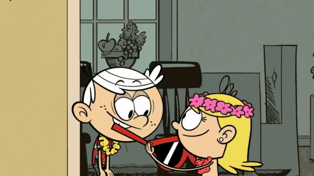 a cartoon of a boy and a girl with flowers on their heads