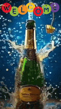 a bottle of champagne is being poured into a glass with the words welcome written above it