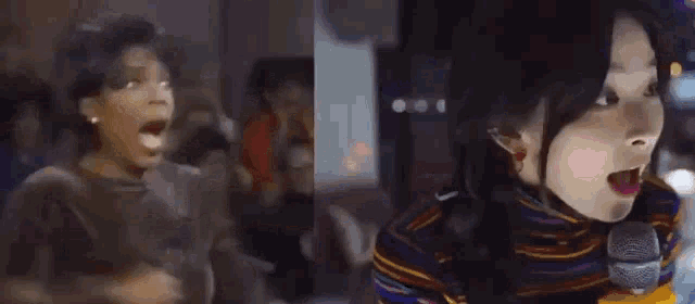 a group of people are dancing in a room and one of them is holding a microphone .