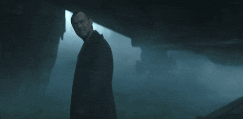 a man in a black coat stands in a foggy area