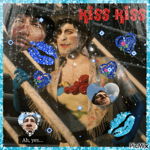a picture of a man and a woman with the words kiss kiss in red letters