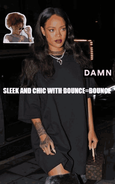 a woman wearing a black t-shirt with the words sleek and chic with bounce bounce