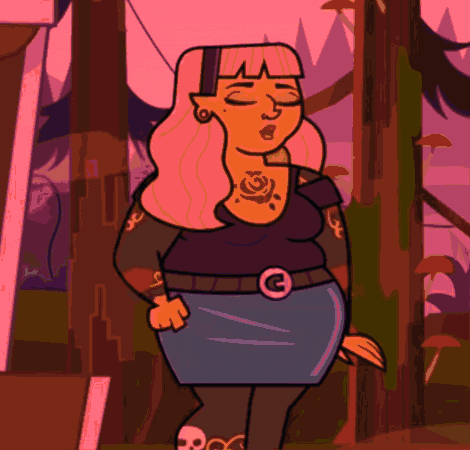 a cartoon drawing of a woman with a rose tattoo on her chest