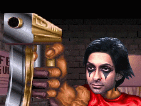 a pixelated image of a man holding a gun with a sign behind him that says fe gul