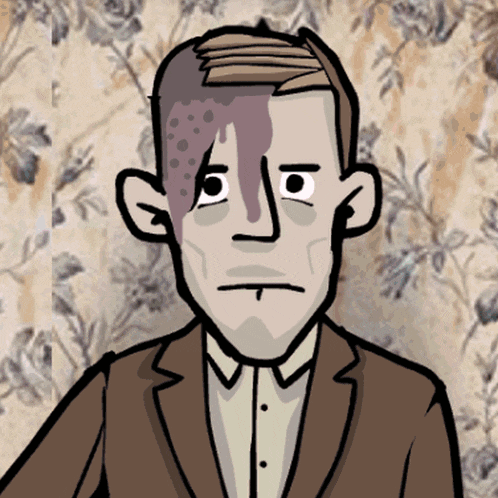 a cartoon drawing of a man in a suit with a floral wallpaper in the background