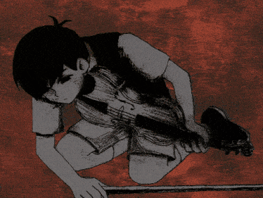 a black and white drawing of a person kneeling down with a violin