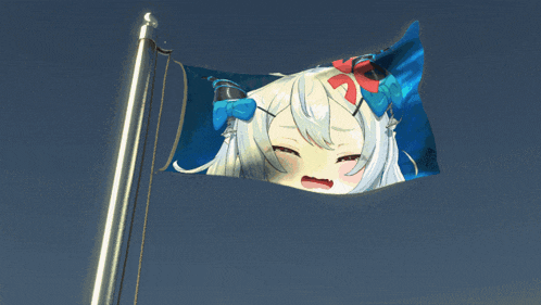 a flag with a girl 's face on it is flying in the wind