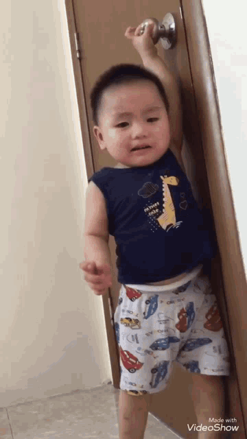 a baby standing in front of a door with a videoshow watermark