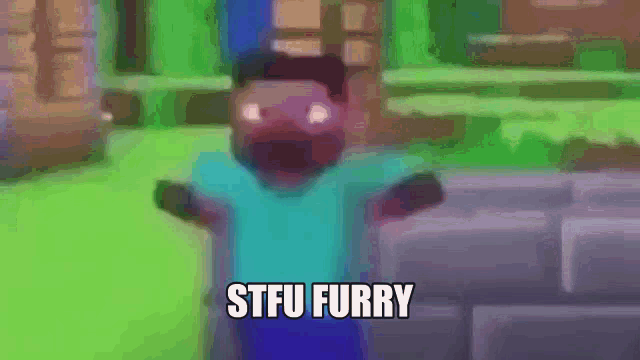 a blurry picture of a cartoon character with the words stfu furry above him