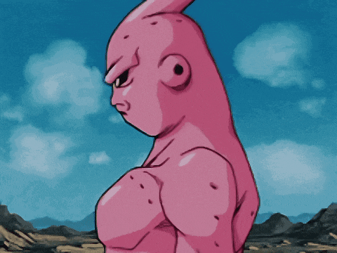 a cartoon drawing of a pink monster with a blue sky behind him