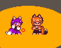 a pixel art of a man and a purple fox shaking hands