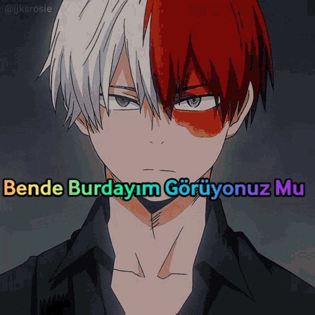 a cartoon of a man with red and white hair and the words " bende burdayim goruyonuz mu " below him