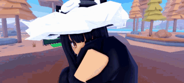 a cartoon character wearing a white hat with a bow