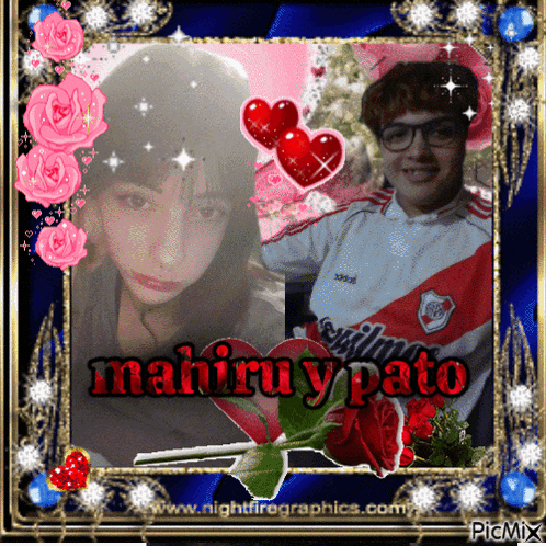 a picture of a boy and a girl with mahiru y pato written in red