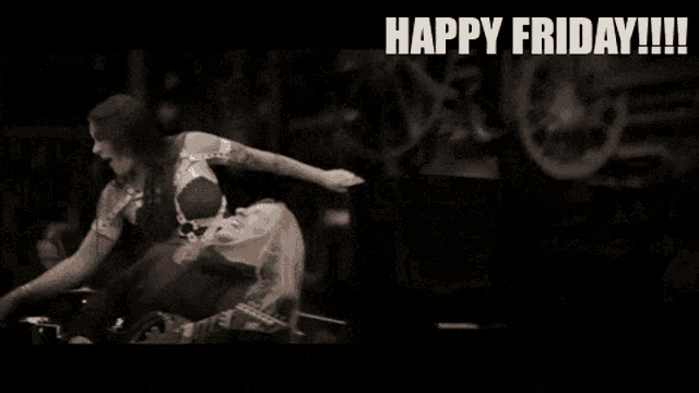 a woman is screaming in front of gears and the words happy friday