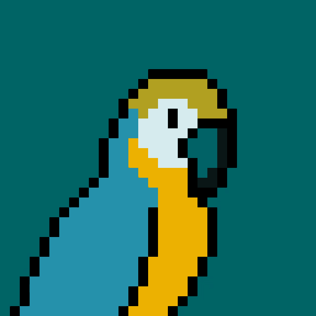 a pixel art illustration of a blue and yellow parrot