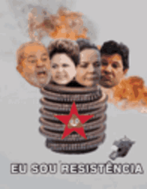 a stack of oreos with a red star and the words eu sou resistencia on the bottom