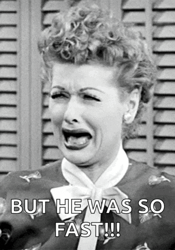 a black and white photo of a woman with a caption that says but he was so fast !!!