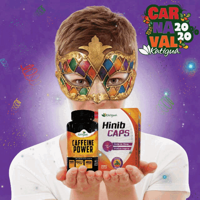 a man wearing a mask holds a bottle of caffeine power and a box of hirib caps