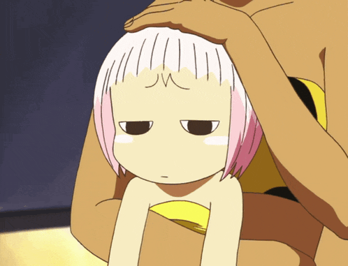 a cartoon character with pink hair has a letter m on her head