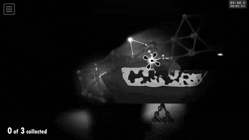 a black and white screenshot of a game that says 0 of 3 collected on the bottom