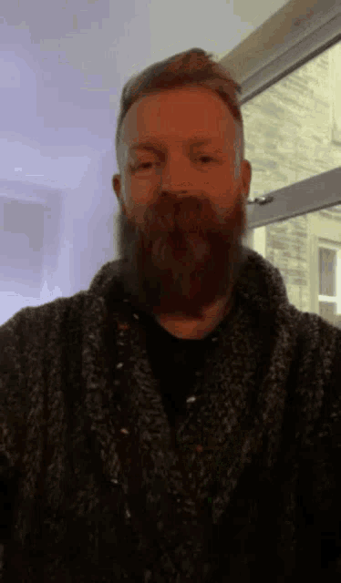 a man with a beard is wearing a sweater and looking at the camera