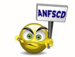 a cartoon smiley face holding a sign that says anfscd
