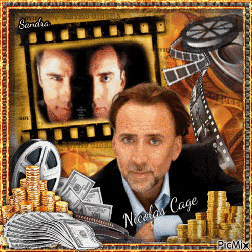 a picture of nicolas cage is surrounded by money and film strips