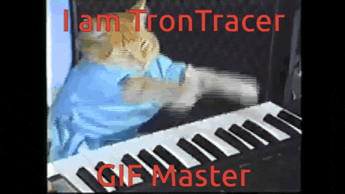a cat is playing a keyboard with the words i am tron tracer gif master behind it
